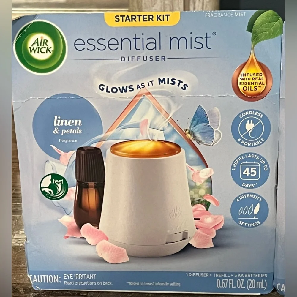 Air Wick Essential Mist Diffuser Linen & Petals X 2 Starter Kits Brand New!